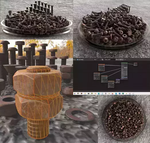 Nut And Bolt Set 4 Rusted Version Low-poly 3D model