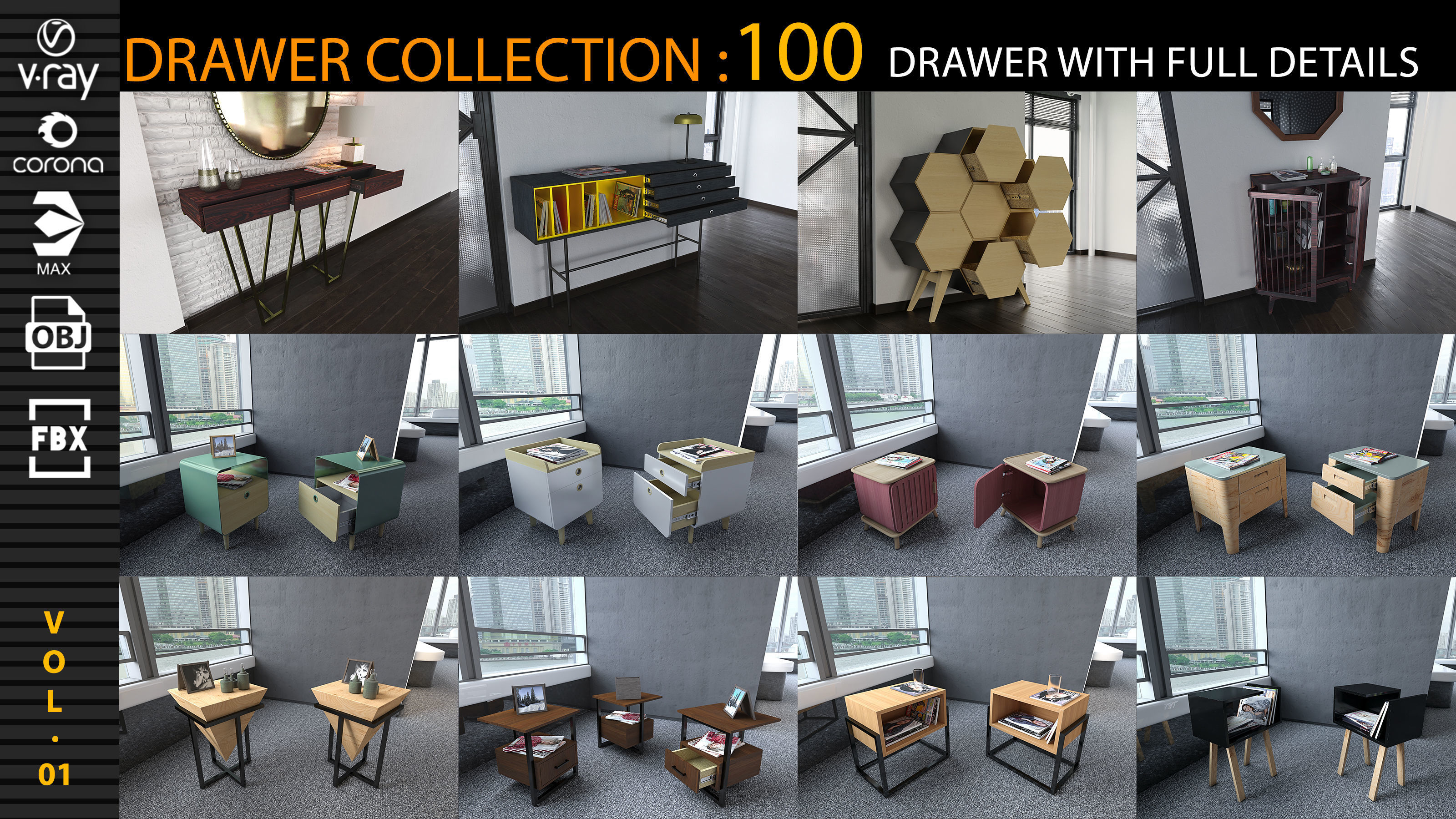 DRAWER COLLECTION 100 Drawer With Full Detail and PBR Texturing 3D model_3