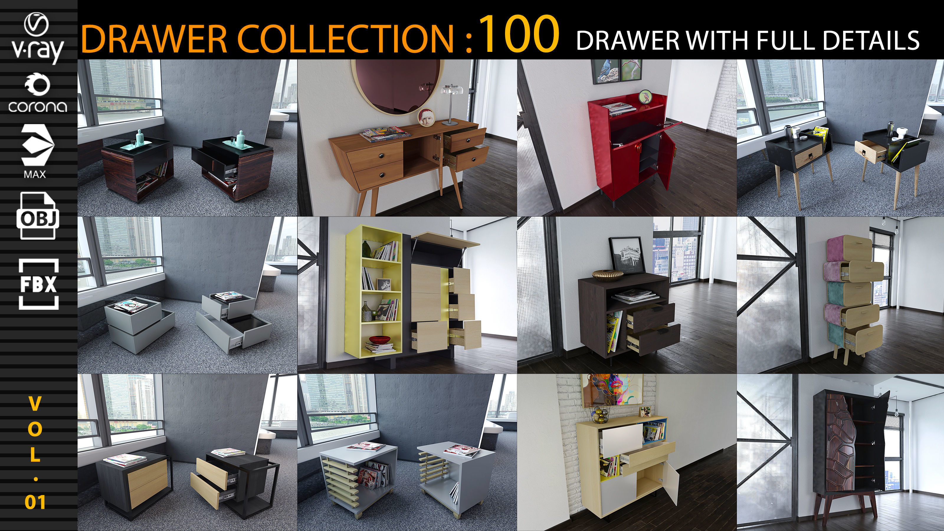 DRAWER COLLECTION 100 Drawer With Full Detail and PBR Texturing 3D model_2