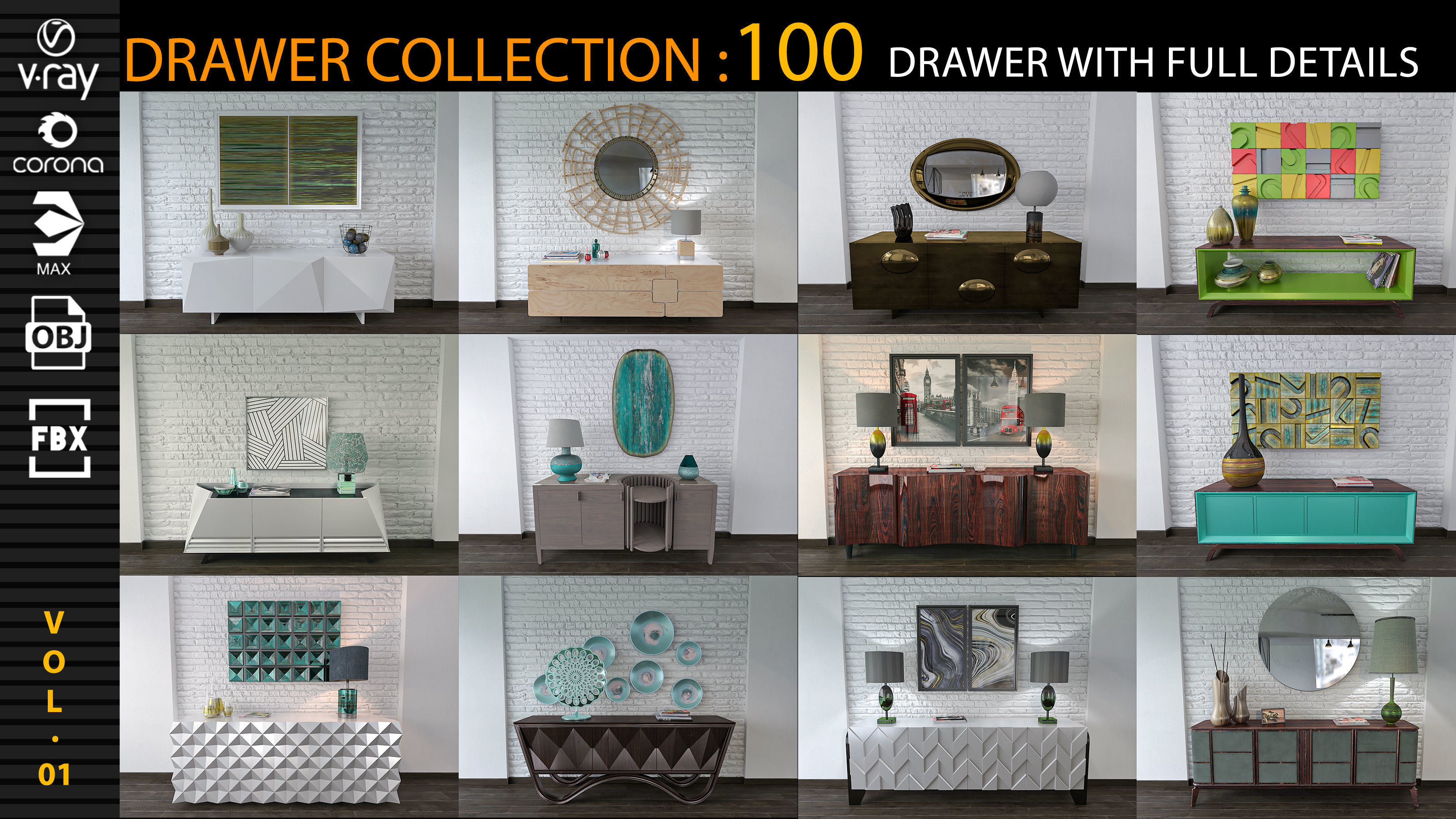DRAWER COLLECTION 100 Drawer With Full Detail and PBR Texturing 3D model_1