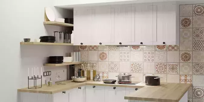 Kitchen with tiled walls