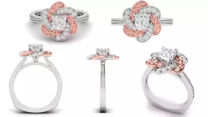 Princess Cut Floral Rose Gold Engagement Ring 