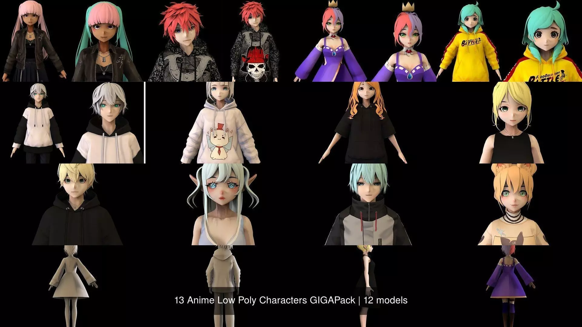 13 Anime Low Poly Characters GIGAPack 3D Model Collection_0