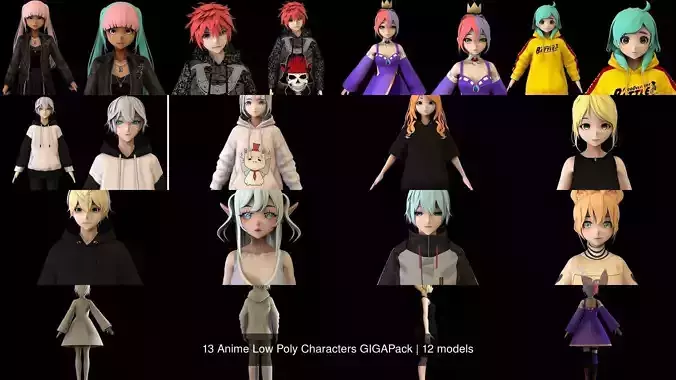 13 Anime Low Poly Characters GIGAPack 3D Model Collection