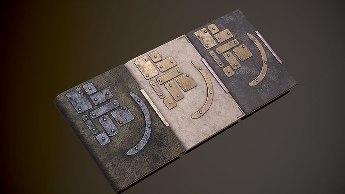 Old book with iron plates in three versions Low-poly 3D model