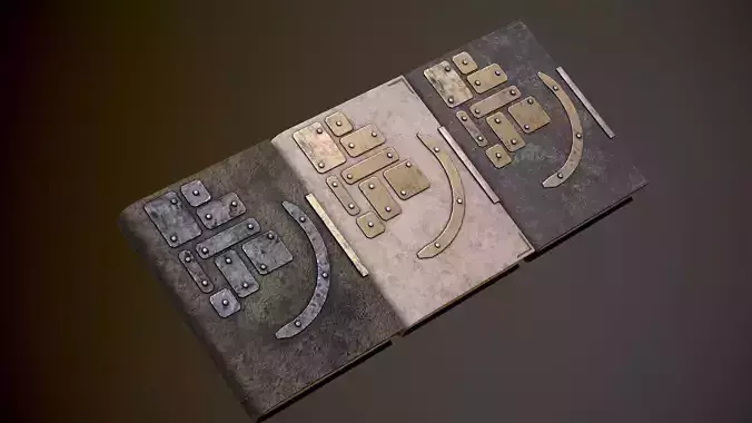 Old book with iron plates in three versions Low-poly 3D model