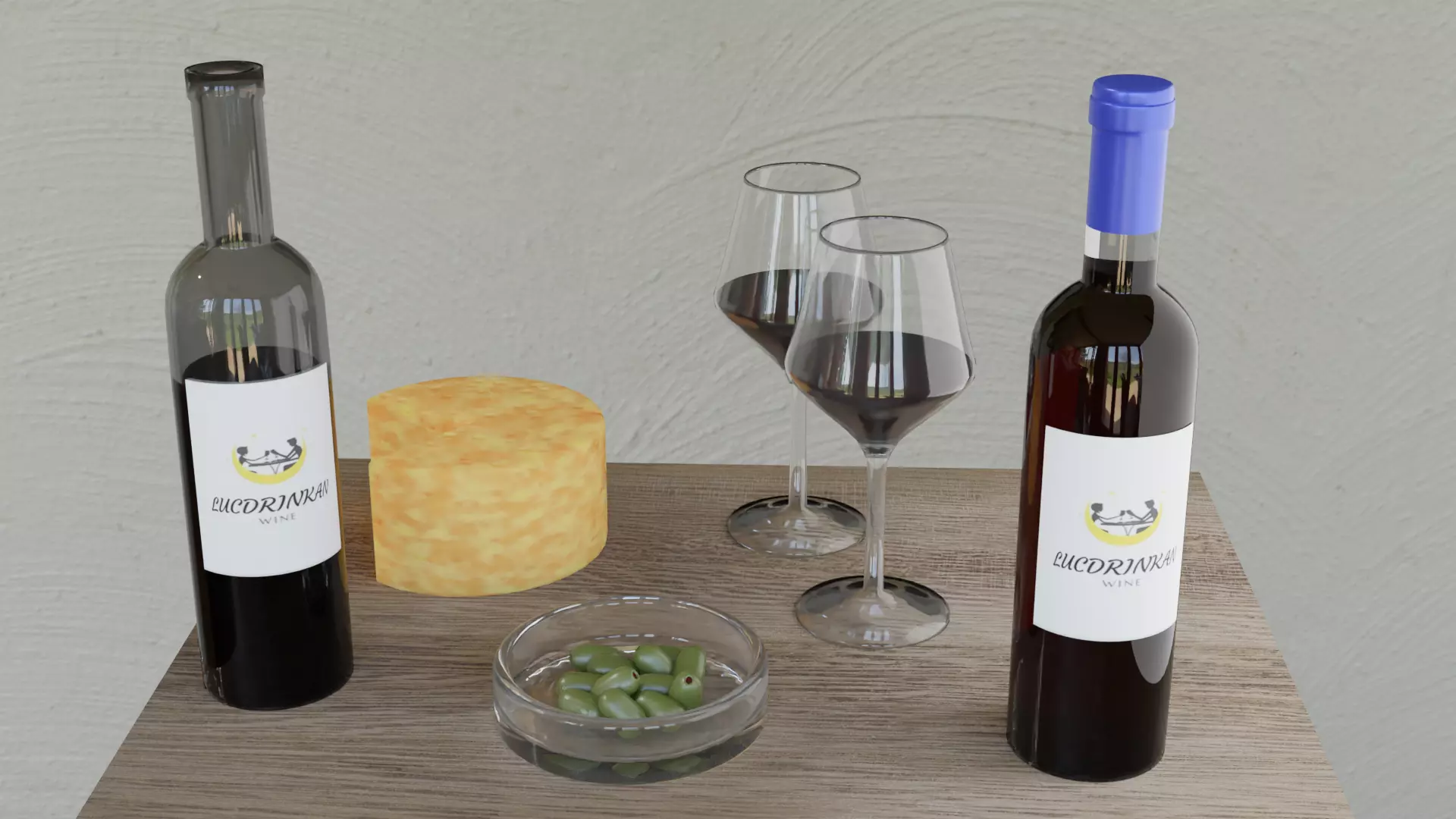 Wine olives and cups Low-poly 3D model