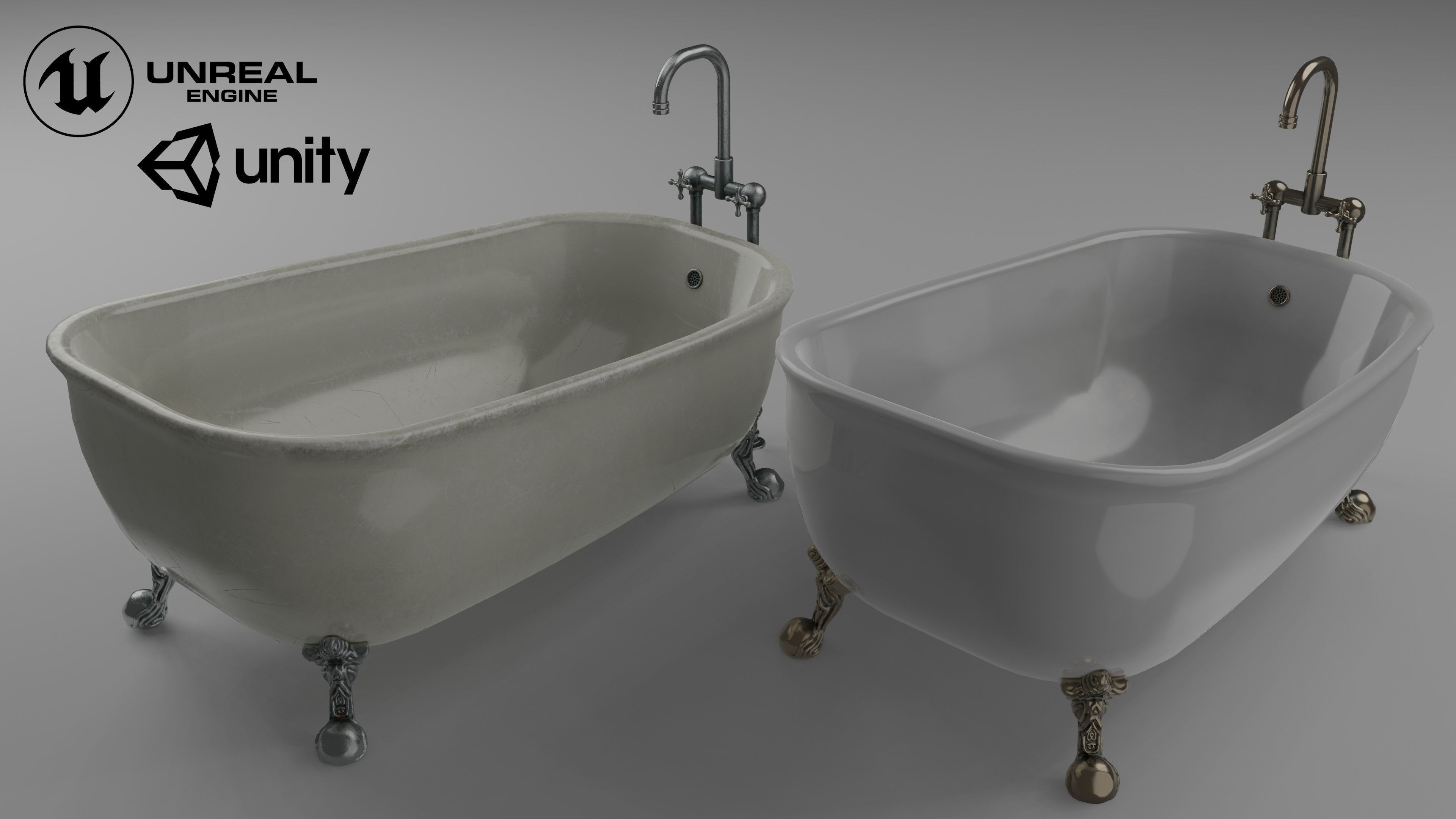 Bathtub with 2 finishing - old and clean Low-poly 3D model_1