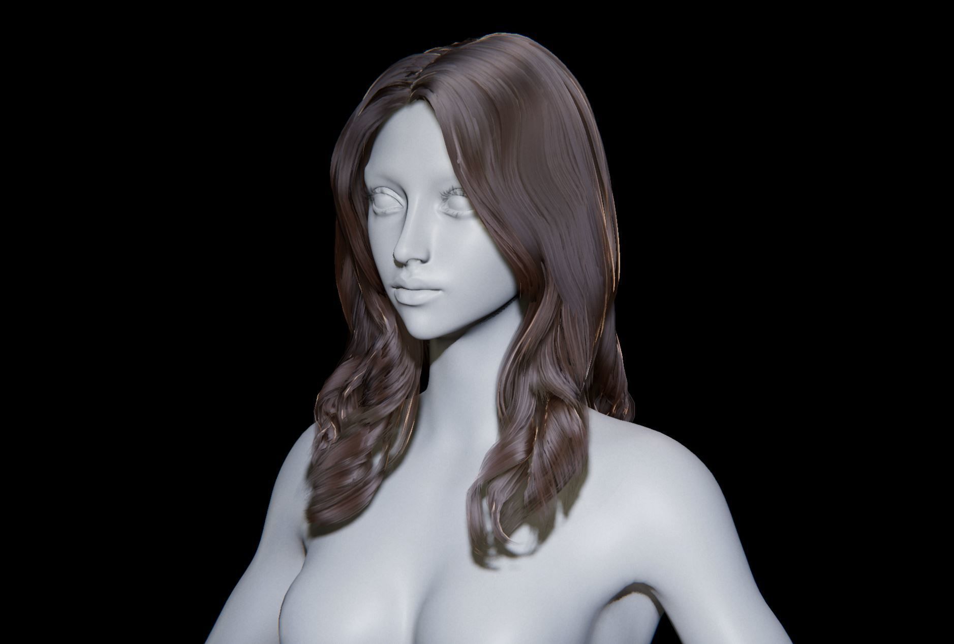 Rigged Game Hairstyle - Female Long Wavy Low-poly 3D model_5
