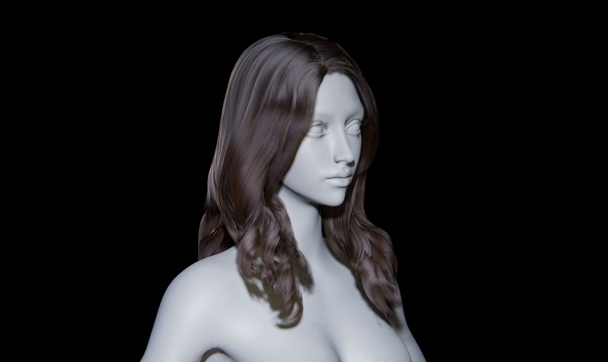 Rigged Game Hairstyle - Female Long Wavy Low-poly 3D model_3