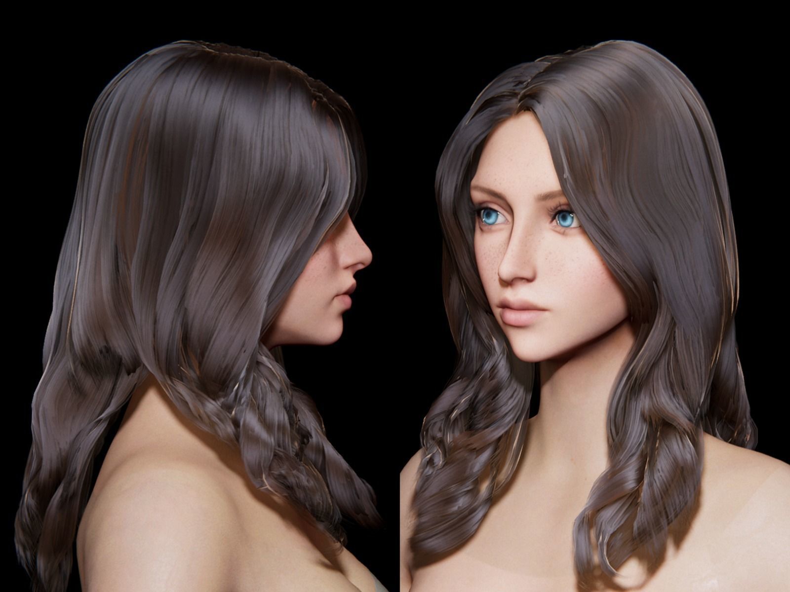 Rigged Game Hairstyle - Female Long Wavy Low-poly 3D model_1