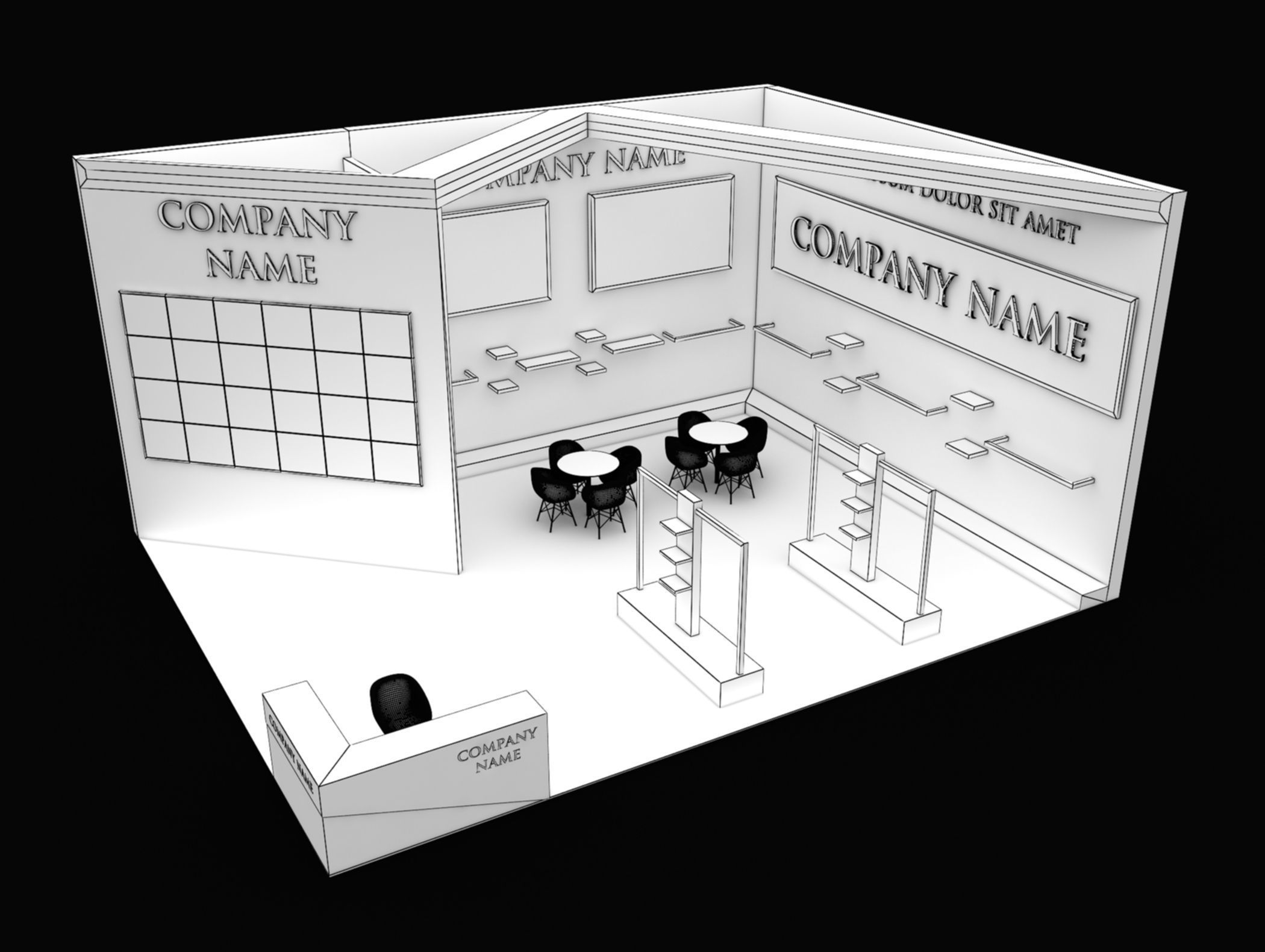 Booth Exhibition Stand Stall 7x9m Height 450 cm 2 Side Open 3D model_6