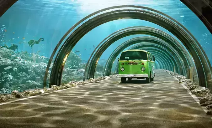 Underwater Tunnel Road with Views Low-poly 3D model