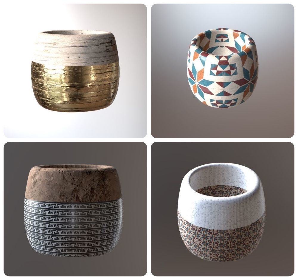 Modern Ancient Style Grunge Wood and Gold Mosaic Vase Cup 3D model_4