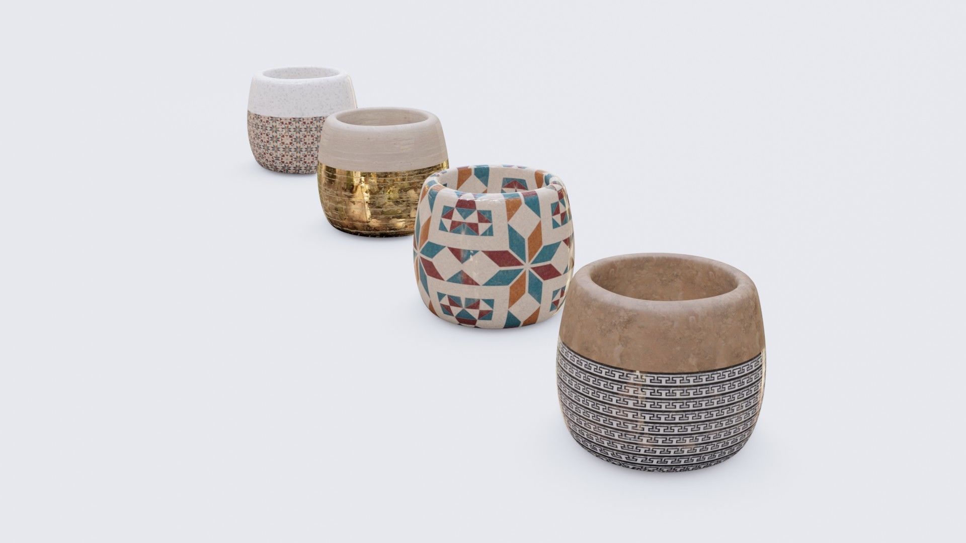 Modern Ancient Style Grunge Wood and Gold Mosaic Vase Cup 3D model_12