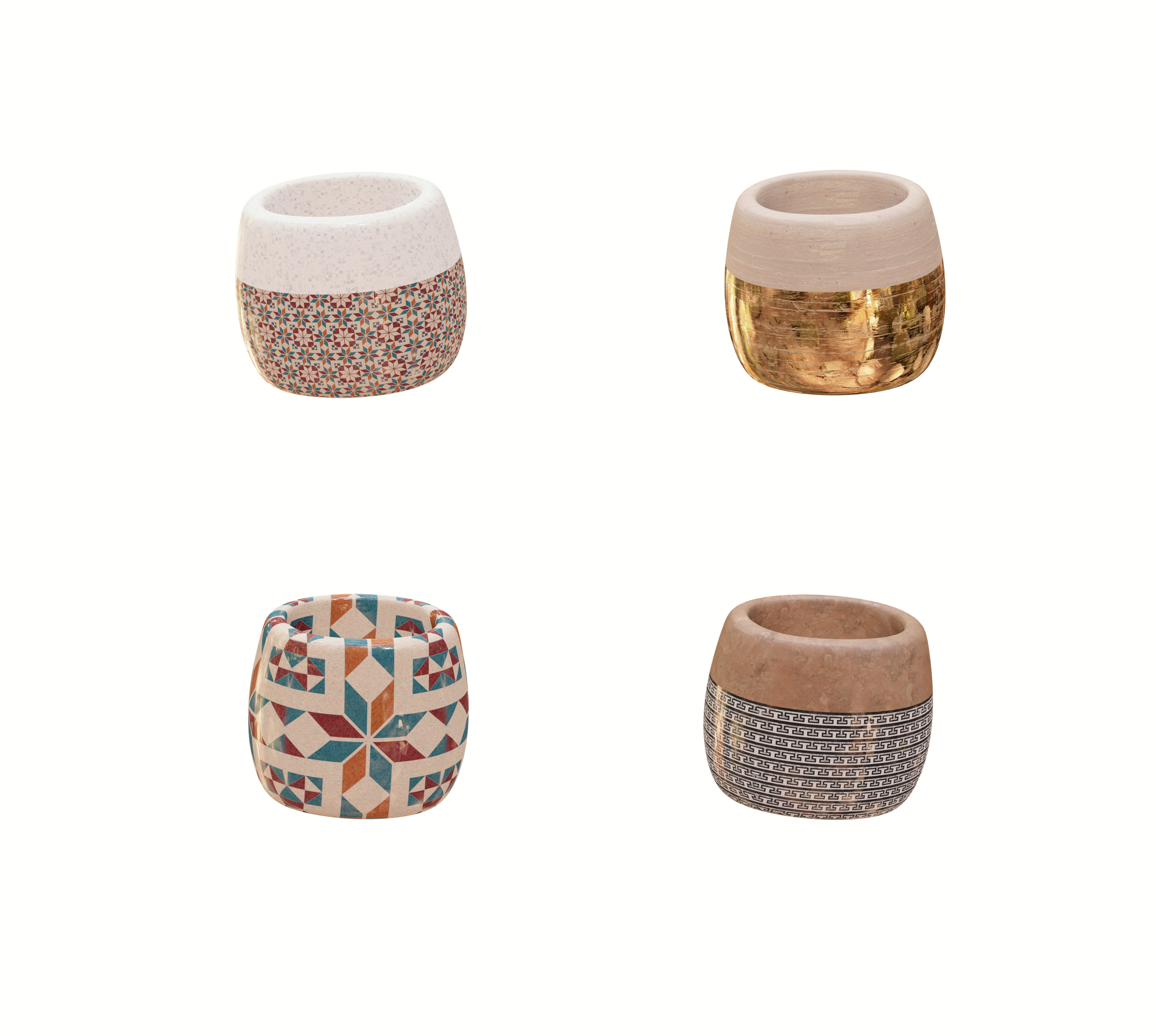 Modern Ancient Style Grunge Wood and Gold Mosaic Vase Cup 3D model_1