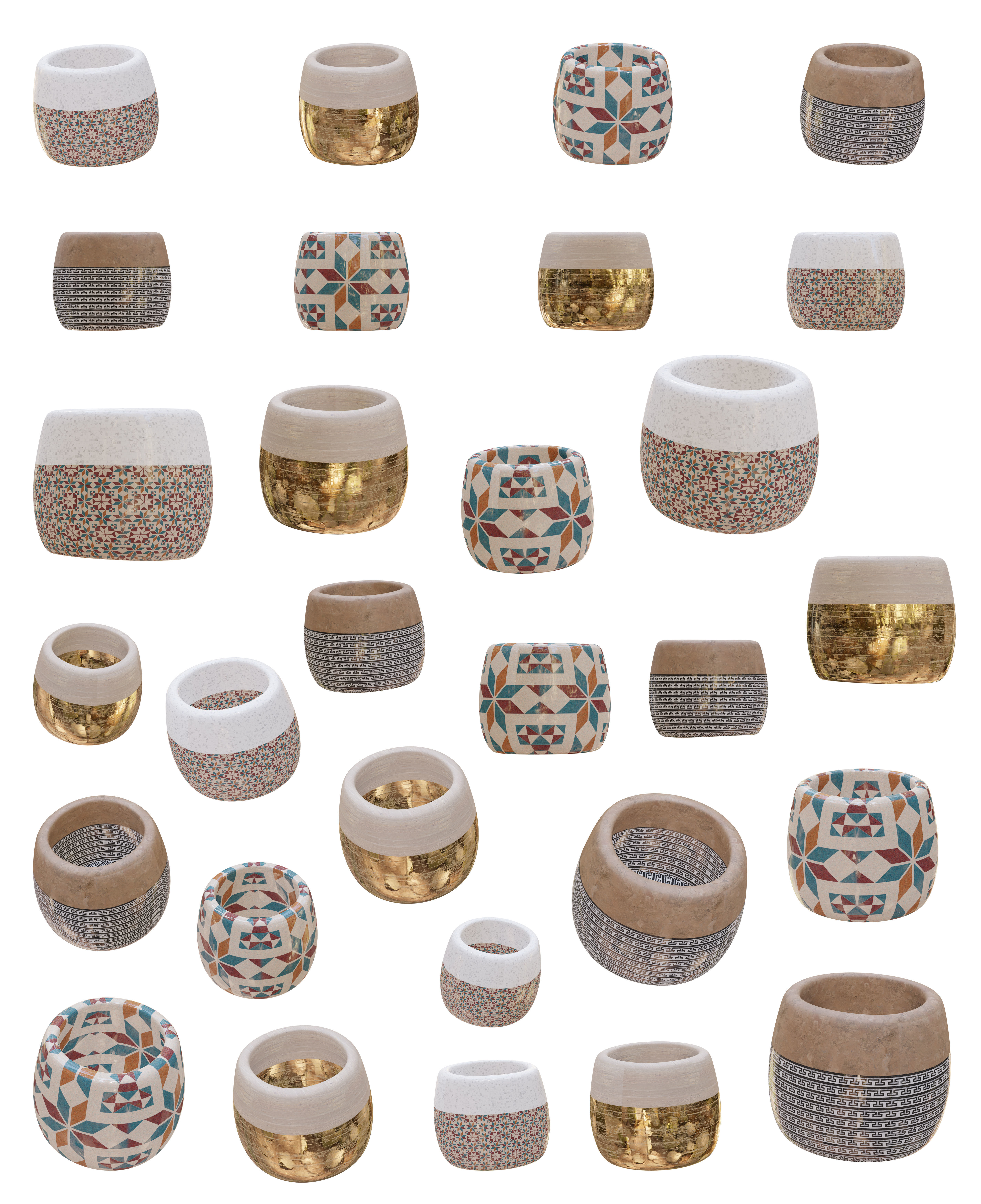 Modern Ancient Style Grunge Wood and Gold Mosaic Vase Cup 3D model_32