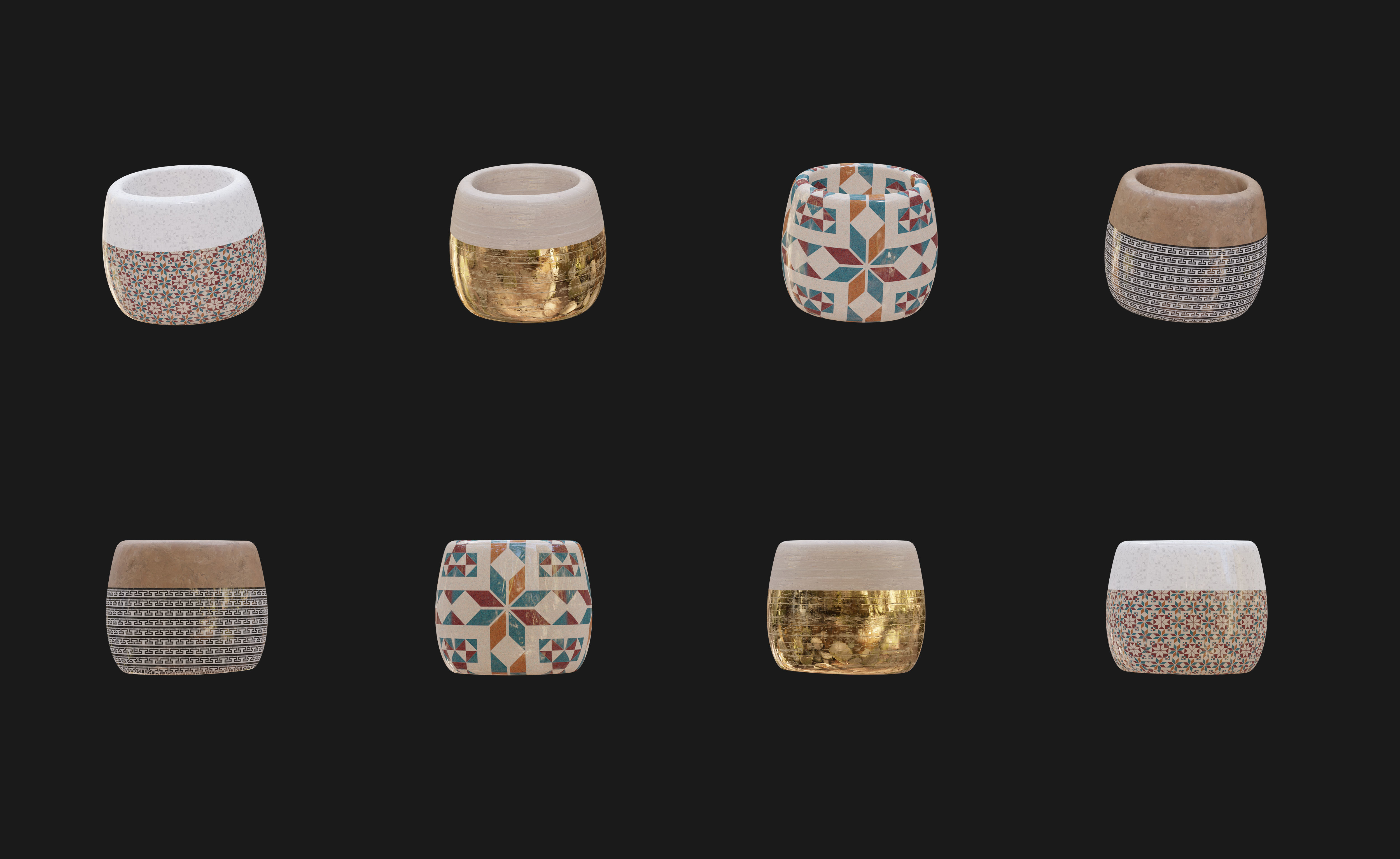 Modern Ancient Style Grunge Wood and Gold Mosaic Vase Cup 3D model_3