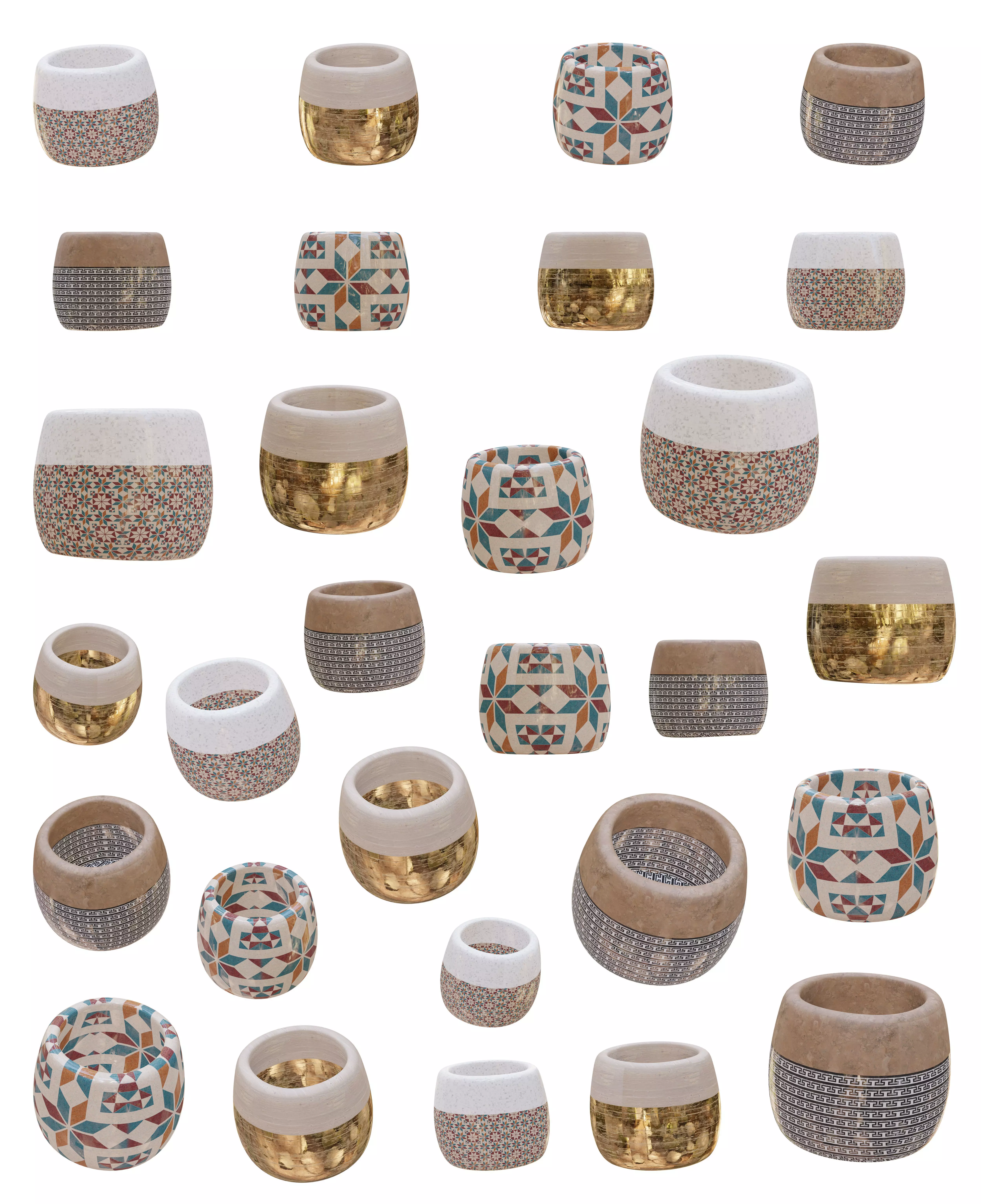 Modern Ancient Style Grunge Wood and Gold Mosaic Vase Cup 3D model_0