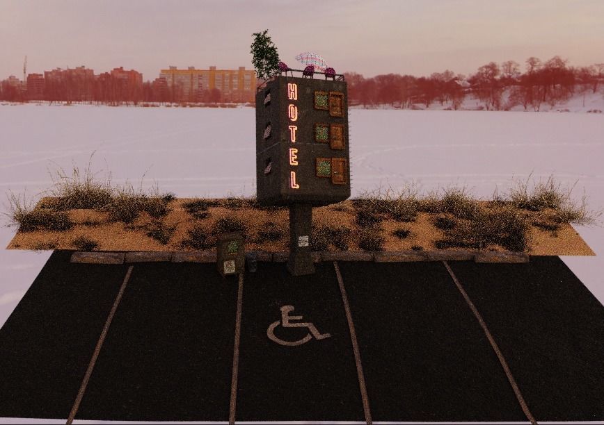 Roadside Hotel - Surrealist Architecture 3D model_3