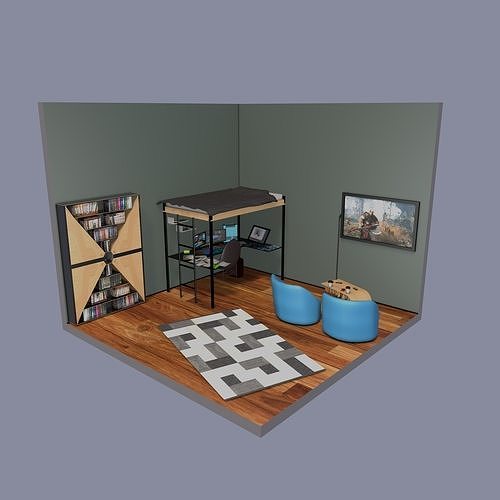 3D Room with bunk bed and desk Low-poly 3D model