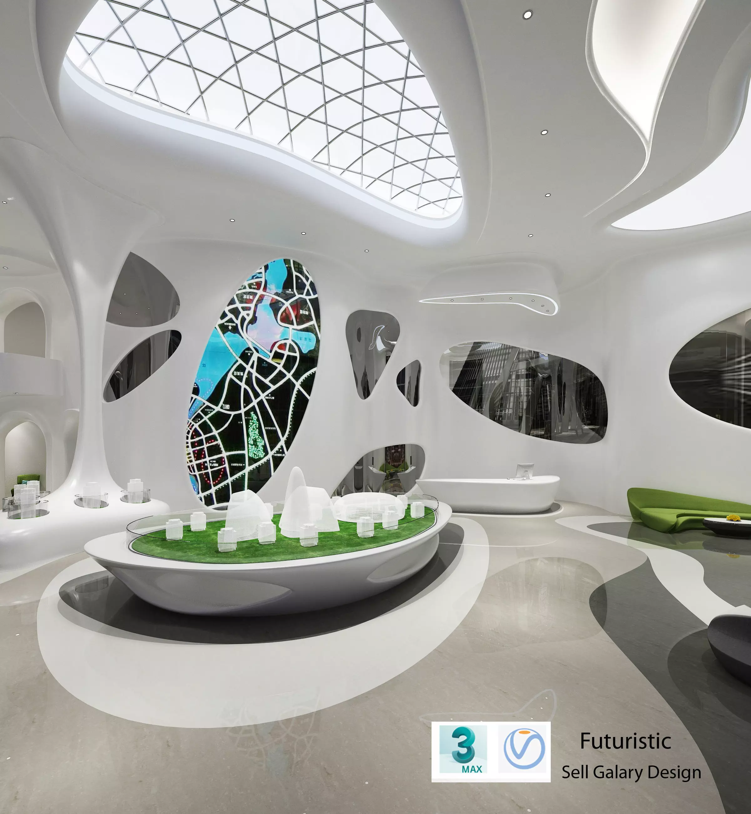 Futuristic sell gallery design 3D model_0