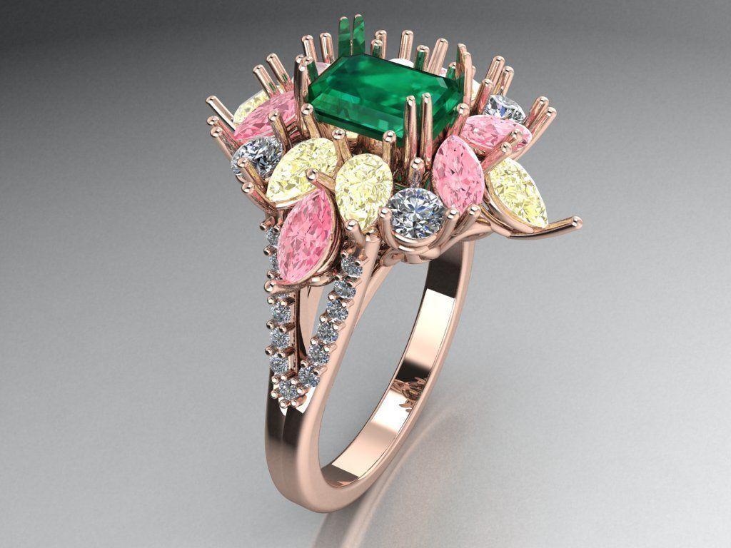 Ring with multi-colored stone   526 3D print model_2