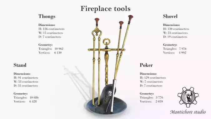 Fireplace tools Low-poly 3D model