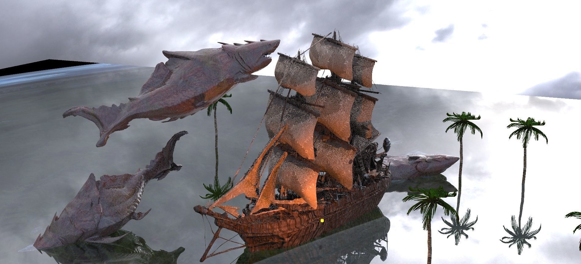 Frigate Ship And Megalodon Sharks Kitbash 3D model_1