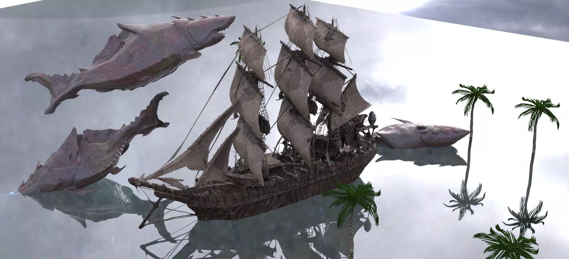 Frigate Ship And Megalodon Sharks Kitbash 3D model_0