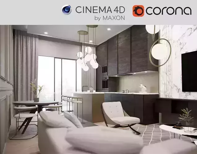 Corona - C4D files - Kitchen and Livingroom Home Interior