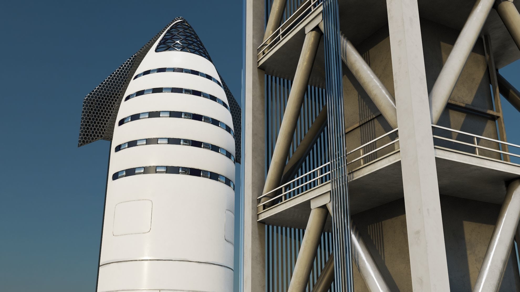 Starship Super Heavy and Tower Low-poly 3D model_6