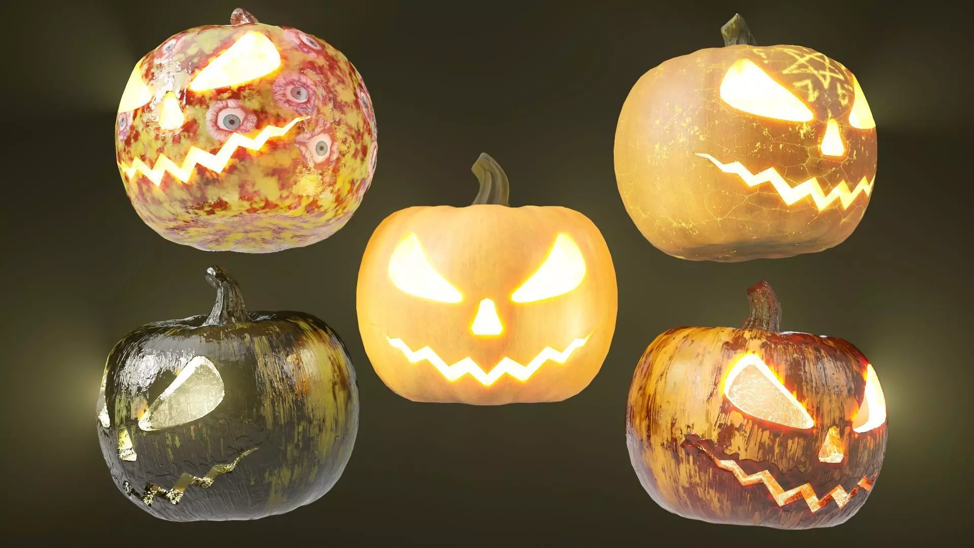 Rigged and animated halloween pumpkin with 5 PBR skins in 4K tex Low-poly 3D model_0