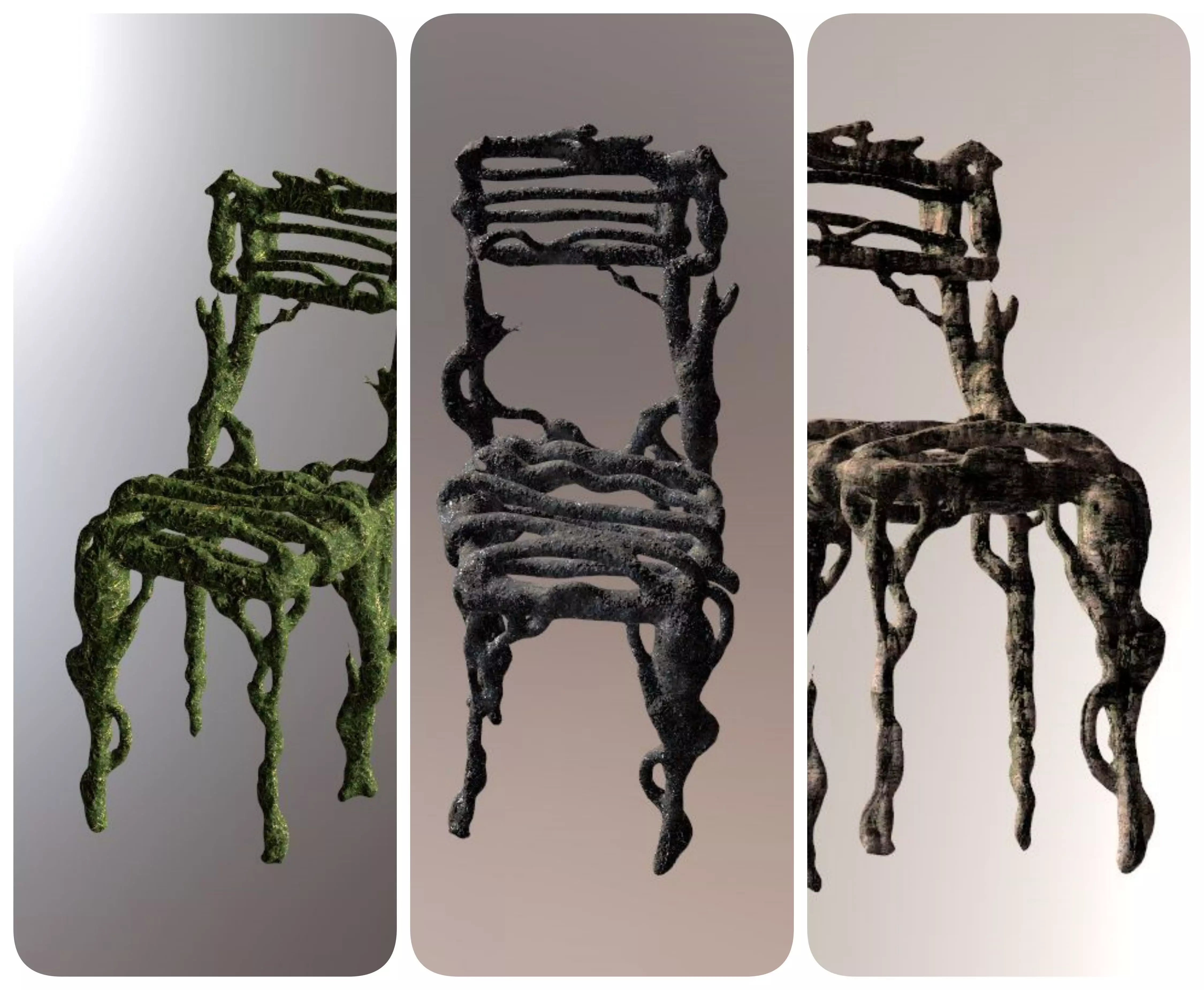 Three tree chairs Garden grass Bark and Dark 4k Low-poly 3D model_0