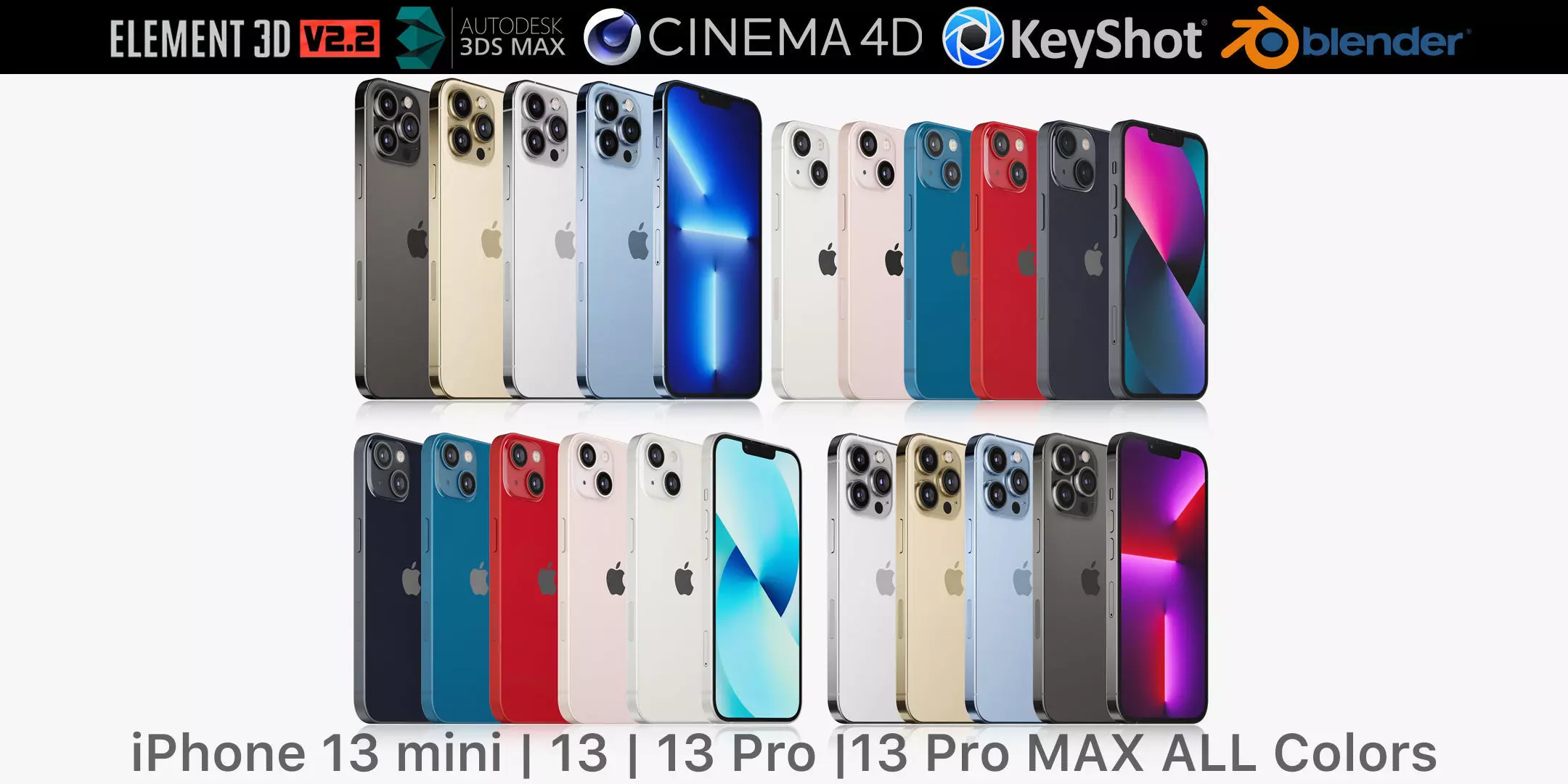 Apple iPhone 13 mini and 13 and 13 pro and 13 pro MAX All Colors 3D model