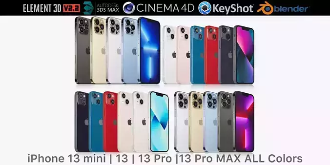 Apple iPhone 13 mini and 13 and 13 pro and 13 pro MAX All Colors 3D model