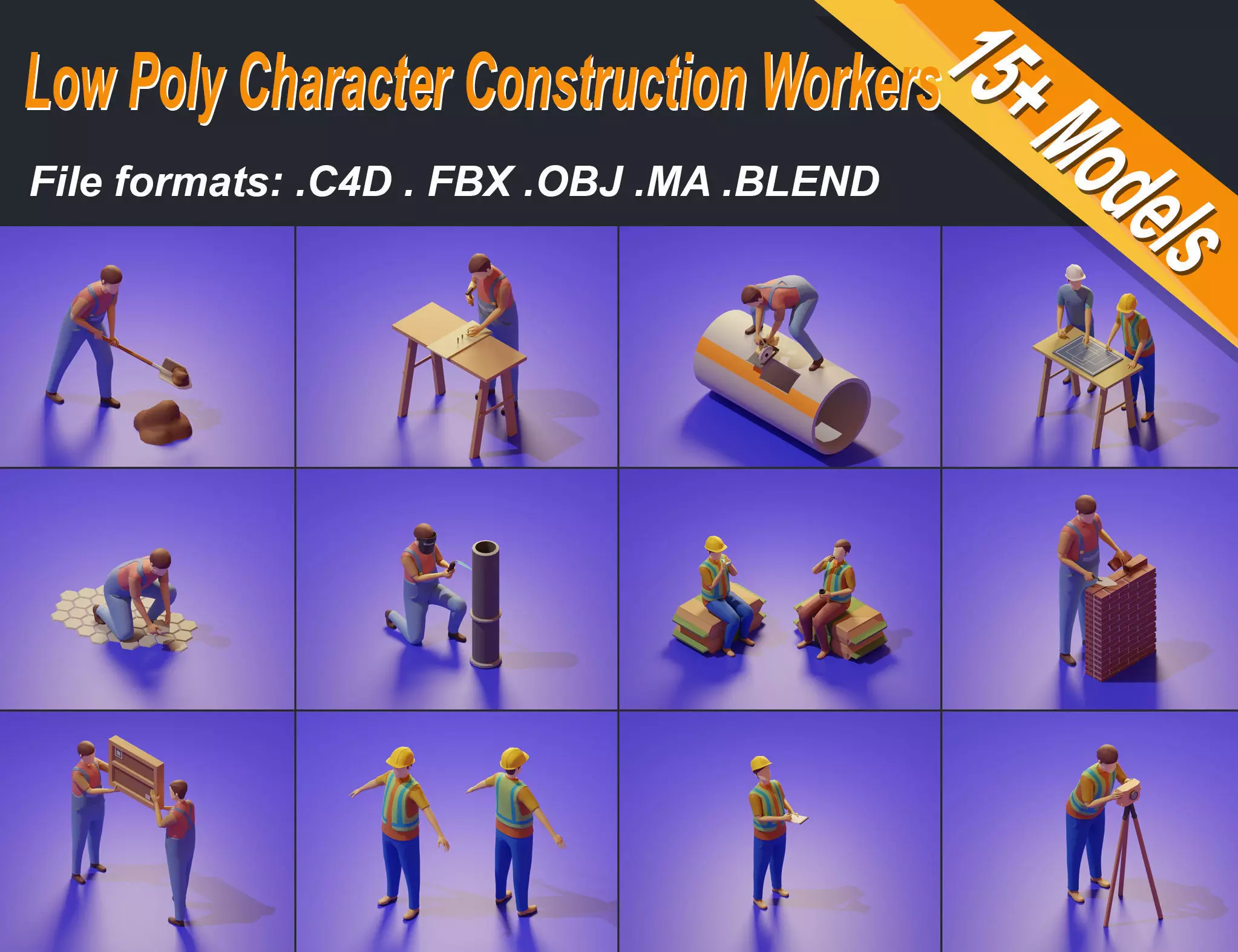 Low Poly 3D Stylized Character Construction Workers Isometric Low-poly 3D model