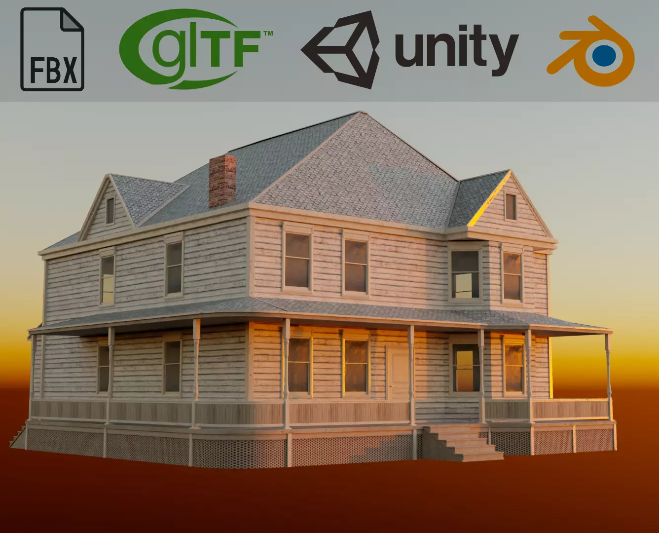 Classical American House with interior Low-poly 3D model_0