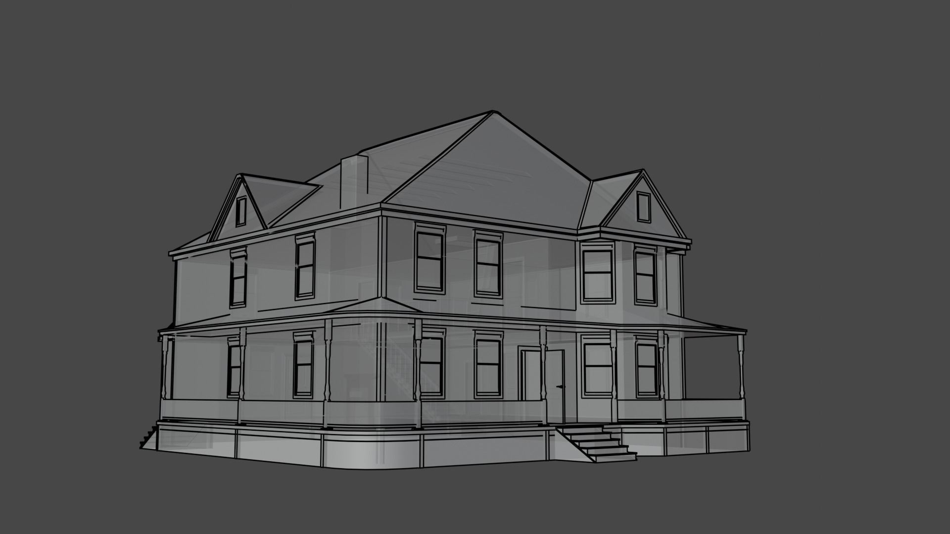 Classical American House with interior Low-poly 3D model_7