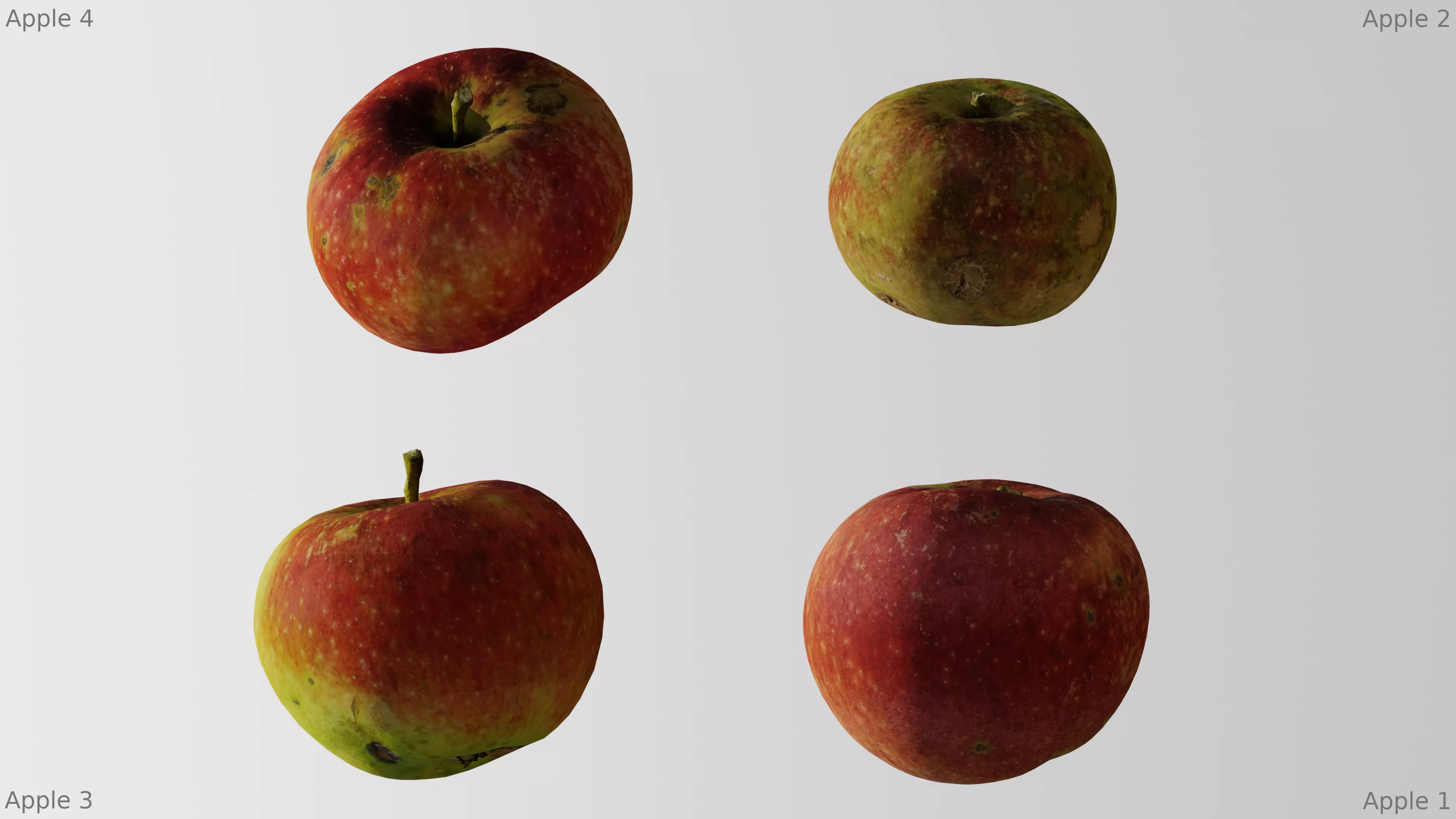 Four different old apple varieties Low-poly 3D model_0