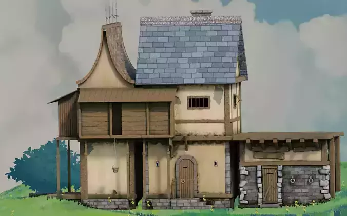 ghibli style of fantasy Stylized Medieval House  Low-poly 3D model
