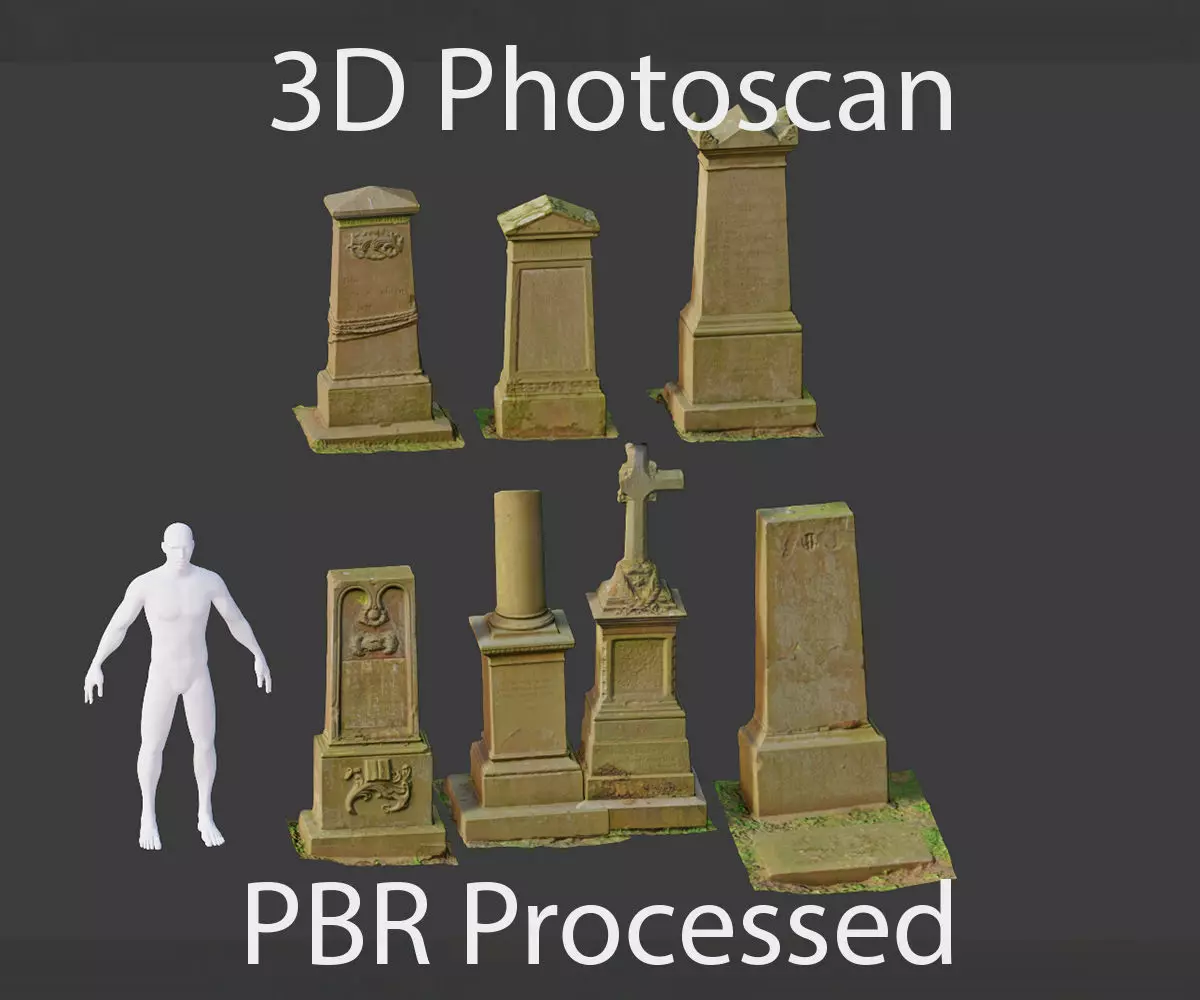 PBR 8x Gravestones Old Scanned Processed Set BIG Low-poly 3D model_0