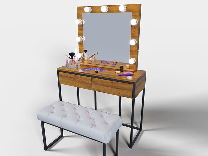 Home dressing table with ottoman and makeup mirror 3D model
