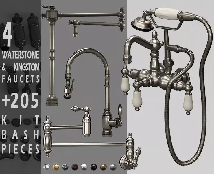 4 Waterstone and Kingston faucets and 205 KitBash Pieces Vol 02 3D model