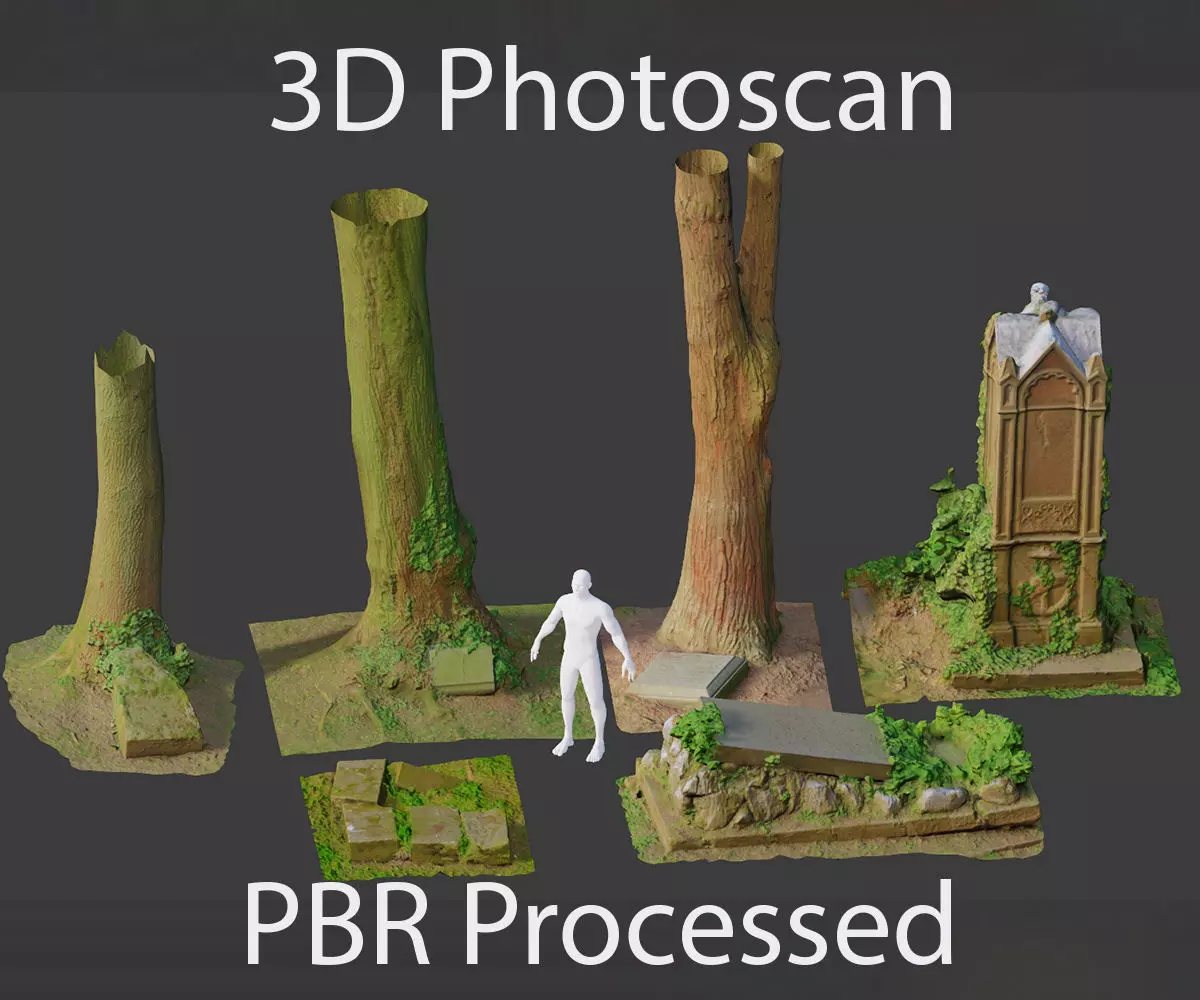 PBR 8x Gravestones Old Scanned Processed Set overgrown Low-poly 3D model