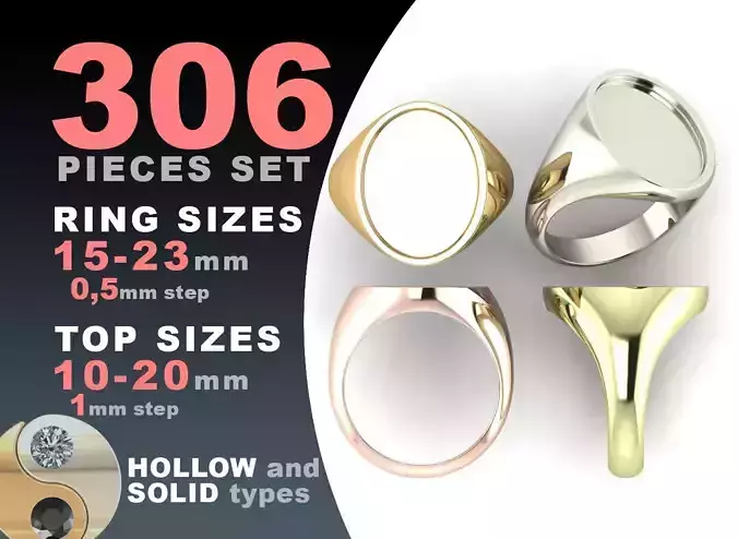 Signet rings set ELLIPSE top 3D print model