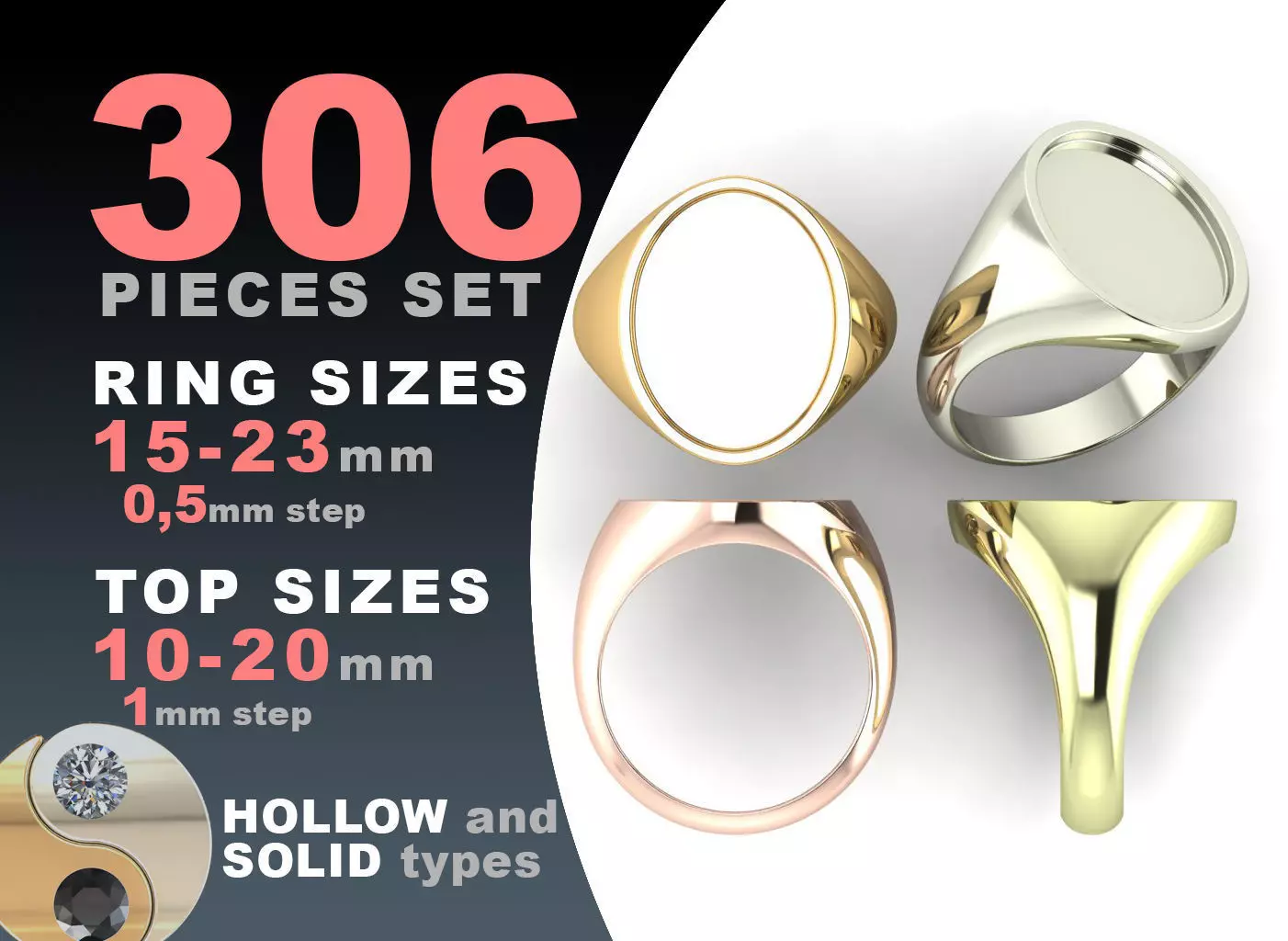 Signet rings set ELLIPSE top 3D print model_0