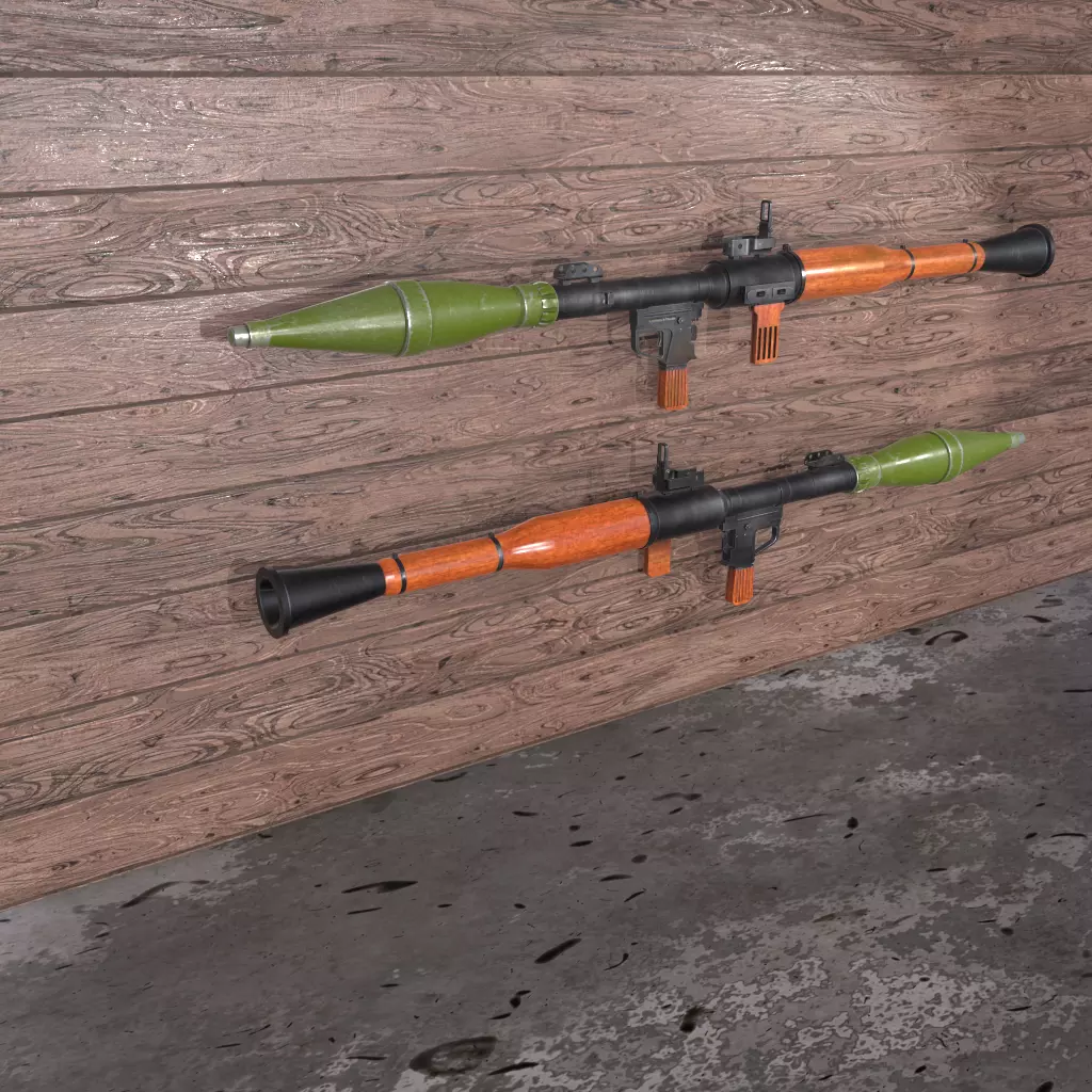 RPG-7 two grenade launchers on wooden wall 3D model_0