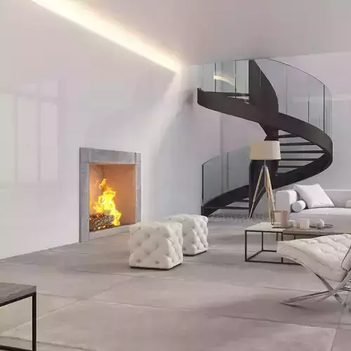 white and concrete fireplace interior scene