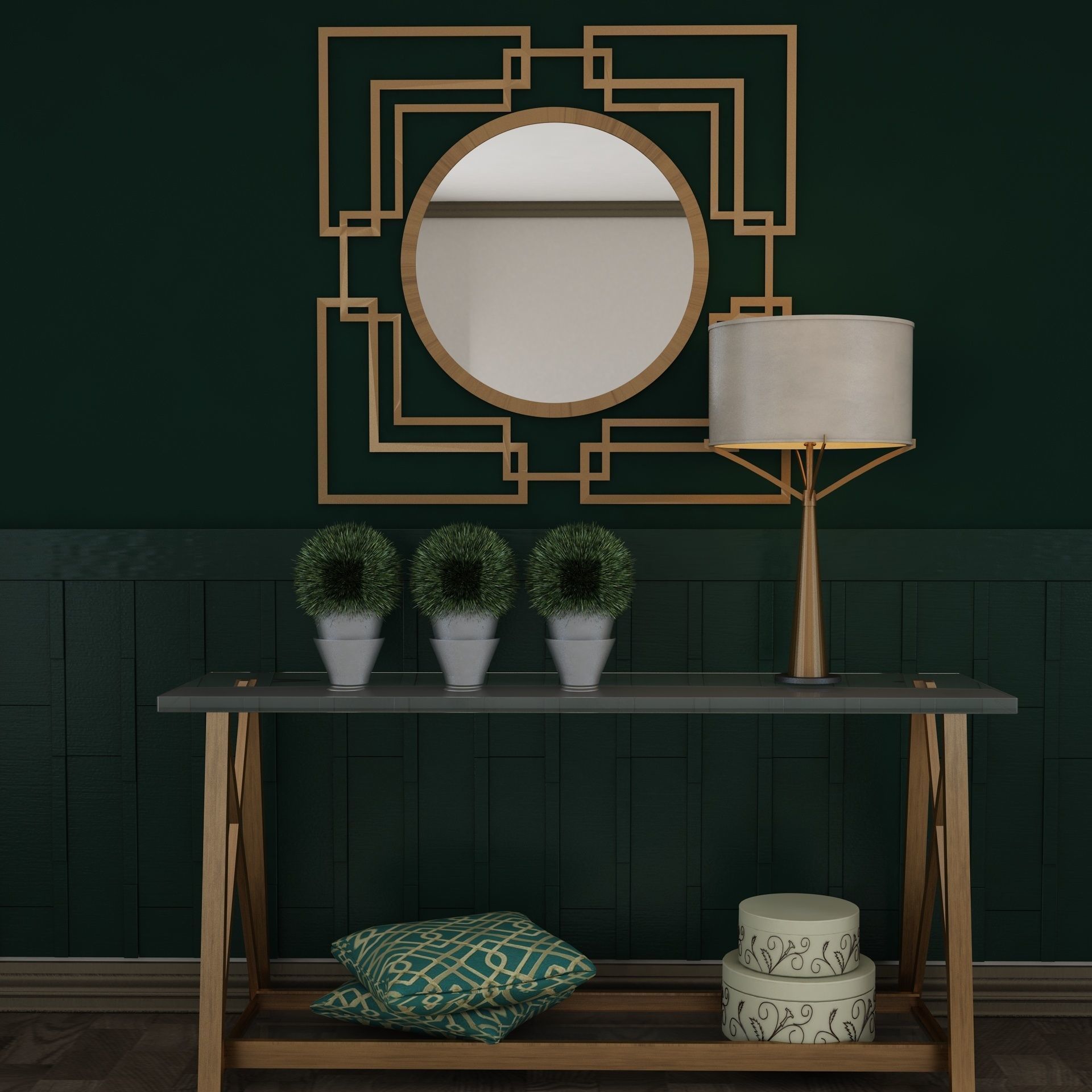 Living Room Wood Mirror Table Glass Metal Artdeco Set 3D model_1